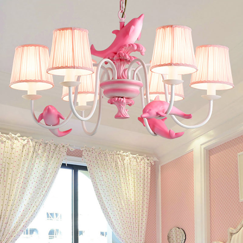 Contemporary Dolphin Hanging Light Fabric Shade Metal Chandelier for Dining Room 6 Pink Clearhalo 'Ceiling Lights' 'Chandeliers' Lighting' options 204761_6dcd61e2-7248-4240-81e2-655558998abd