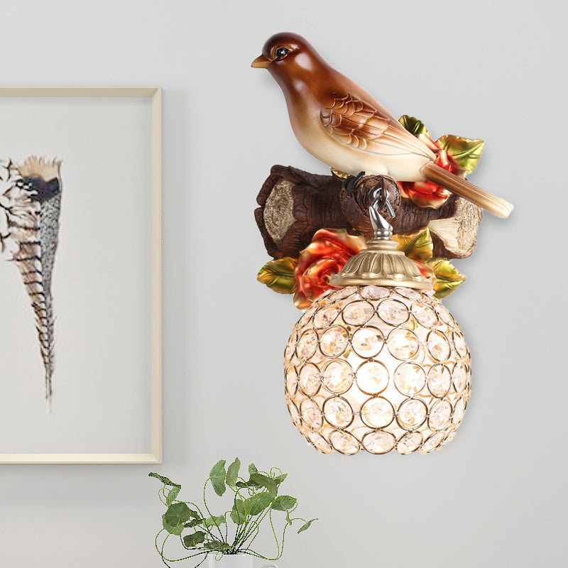 Right/Left Bird Wall Lighting Fixture Lodge Style Resin 1 Light Sconce Light with Crystal Global Shade in Brown Brown Right Clearhalo 'Modern wall lights' 'Modern' 'Wall Lamps & Sconces' 'Wall Lights' Lighting' 204884