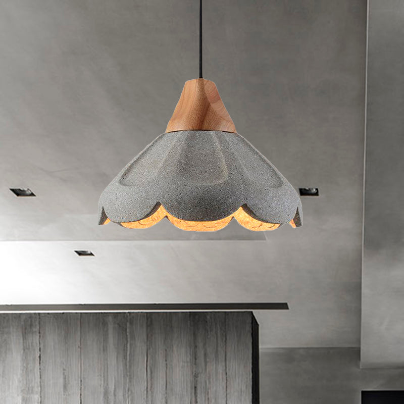 Grey 1-Light Pendant Lighting Nordic Style Concrete Scalloped Hanging Light Fixture with Wooden Cap for Restaurant Grey Clearhalo 'Ceiling Lights' 'Industrial Pendants' 'Industrial' 'Middle Century Pendants' 'Pendant Lights' 'Pendants' 'Tiffany' Lighting' 204943