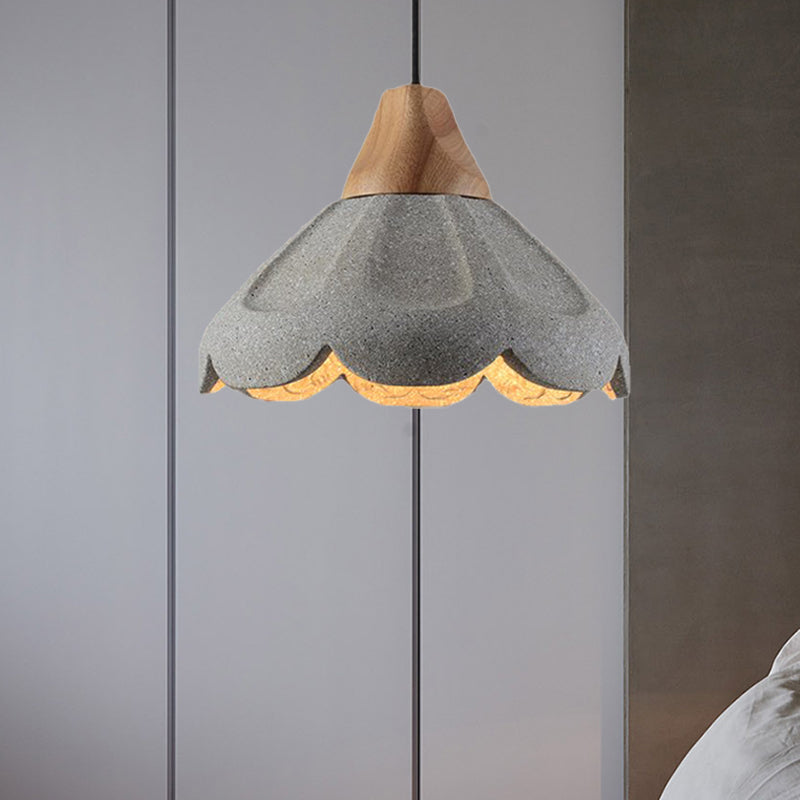 Grey 1-Light Pendant Lighting Nordic Style Concrete Scalloped Hanging Light Fixture with Wooden Cap for Restaurant Clearhalo 'Ceiling Lights' 'Industrial Pendants' 'Industrial' 'Middle Century Pendants' 'Pendant Lights' 'Pendants' 'Tiffany' Lighting' 204944