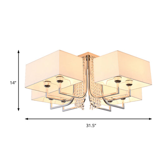 Cubic Fabric Shade Semi Flush Ceiling Light with Crystal Drop Contemporary White Bedroom Ceiling Light Fixture, 23.5"/31.5" Wide Clearhalo 'Ceiling Lights' 'Close To Ceiling Lights' 'Close to ceiling' 'Semi-flushmount' Lighting' 204973