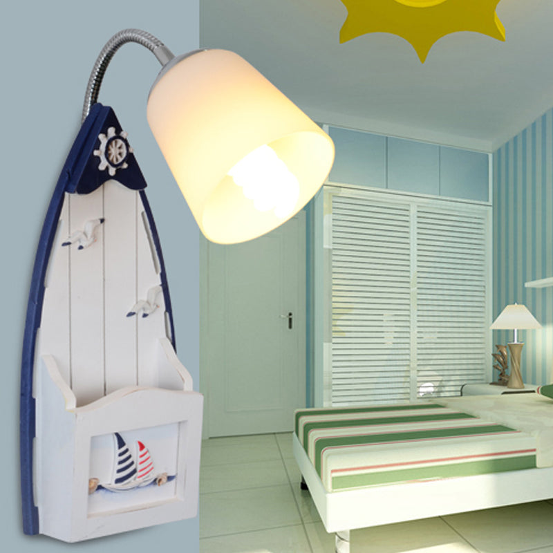 Nautical Ship Wall Light with Bucket Shade 1 Head Glass Wall Sconce in Blue for Nursing Room Blue Canoe Clearhalo 'Wall Lamps & Sconces' 'Wall Lights' Lighting' 204998