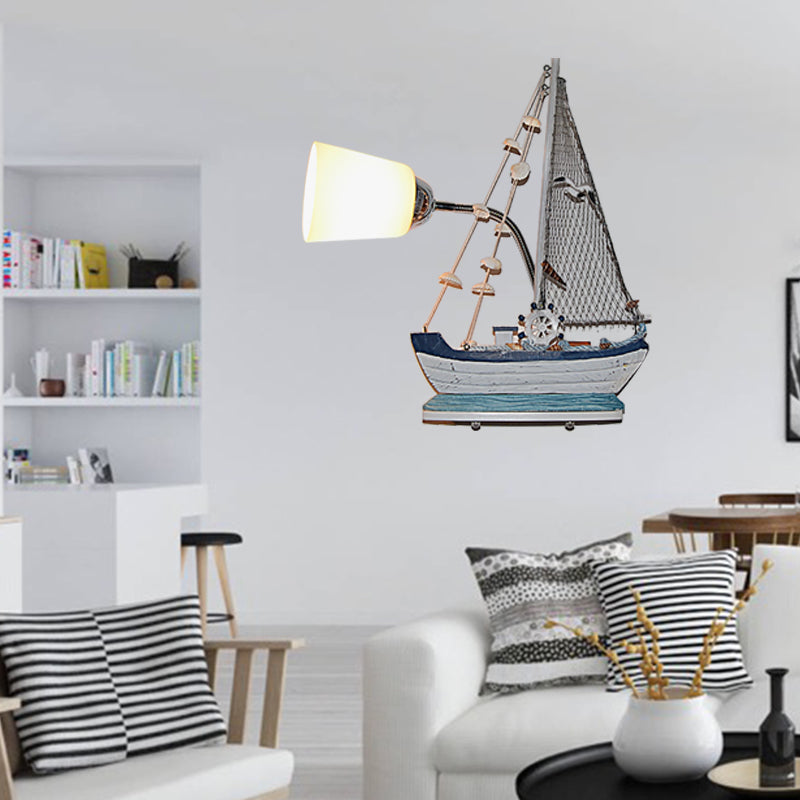 Nautical Ship Wall Light with Bucket Shade 1 Head Glass Wall Sconce in Blue for Nursing Room Blue Boat Clearhalo 'Wall Lamps & Sconces' 'Wall Lights' Lighting' 205001