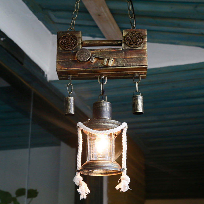 Metal Lantern Pendant Light Nautical Single Light Indoor Hanging Light Fixture with Rope in Brass Clearhalo 'Art Deco Pendants' 'Cast Iron' 'Ceiling Lights' 'Ceramic' 'Crystal' 'Industrial Pendants' 'Industrial' 'Metal' 'Middle Century Pendants' 'Pendant Lights' 'Pendants' 'Tiffany' Lighting' 205068
