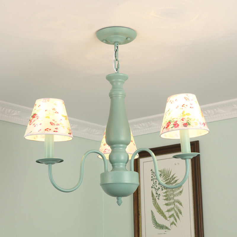 Macaron Colored Tapered Shade Chandelier Nordic Stylish Metal Hanging Light for Child Bedroom 3 Green Clearhalo 'Ceiling Lights' 'Chandeliers' Lighting' options 205072_eac3539e-66f4-4d9c-83bb-51394cecce44