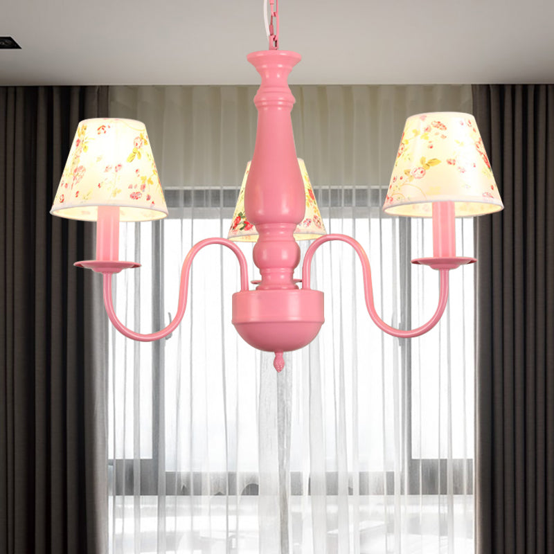 Macaron Colored Tapered Shade Chandelier Nordic Stylish Metal Hanging Light for Child Bedroom 3 Pink Clearhalo 'Ceiling Lights' 'Chandeliers' Lighting' options 205083_952a22de-b8a6-4b71-b63b-7b6c74c10d67