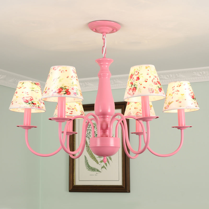 Macaron Colored Tapered Shade Chandelier Nordic Stylish Metal Hanging Light for Child Bedroom 6 Pink Clearhalo 'Ceiling Lights' 'Chandeliers' Lighting' options 205085_e8fbbbb9-58ca-44cc-8aa6-ccecc095bc8a