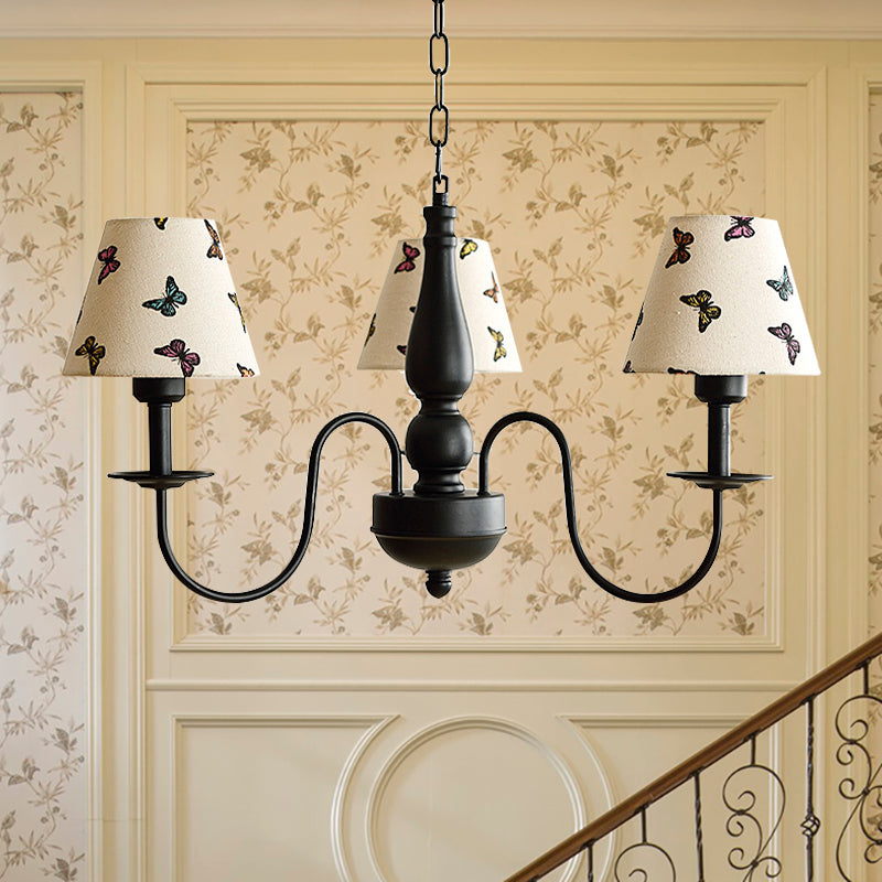 Tapered Shade Chandelier Light Fabric and Metal 3 Lights Kids Hanging Lamp in Black for Living Room - G Black Butterfly Clearhalo 'Ceiling Lights' 'Chandeliers' Lighting' options 205104_8538c374-19e4-4499-8dbb-f99f4e1d1da1