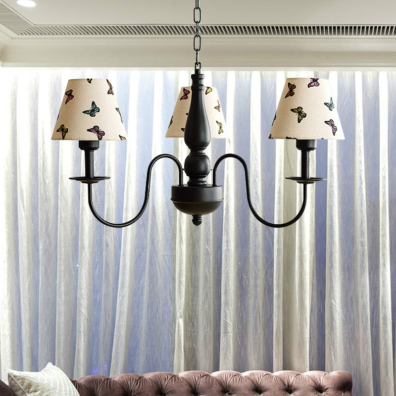 Tapered Shade Chandelier Light Fabric and Metal 3 Lights Kids Hanging Lamp in Black for Living Room - G Clearhalo 'Ceiling Lights' 'Chandeliers' Lighting' options 205105