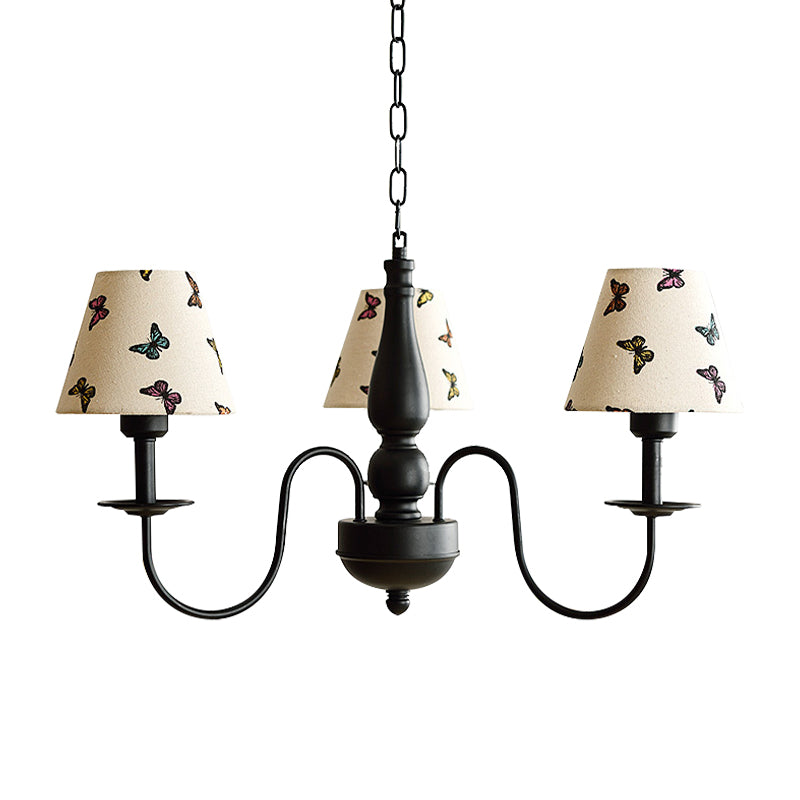 Tapered Shade Chandelier Light Fabric and Metal 3 Lights Kids Hanging Lamp in Black for Living Room - G Clearhalo 'Ceiling Lights' 'Chandeliers' Lighting' options 205106