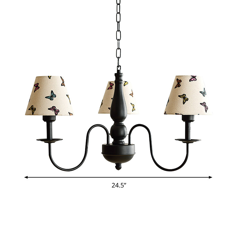 Tapered Shade Chandelier Light Fabric and Metal 3 Lights Kids Hanging Lamp in Black for Living Room - G Clearhalo 'Ceiling Lights' 'Chandeliers' Lighting' options 205107