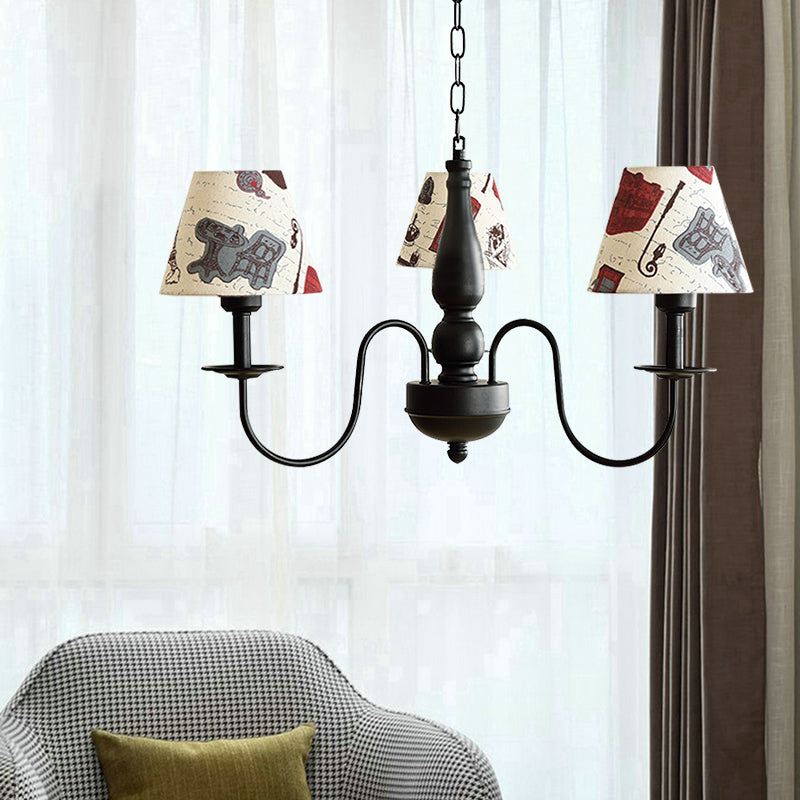 Tapered Shade Chandelier Light Fabric and Metal 3 Lights Kids Hanging Lamp in Black for Living Room - G Clearhalo 'Ceiling Lights' 'Chandeliers' Lighting' options 205108