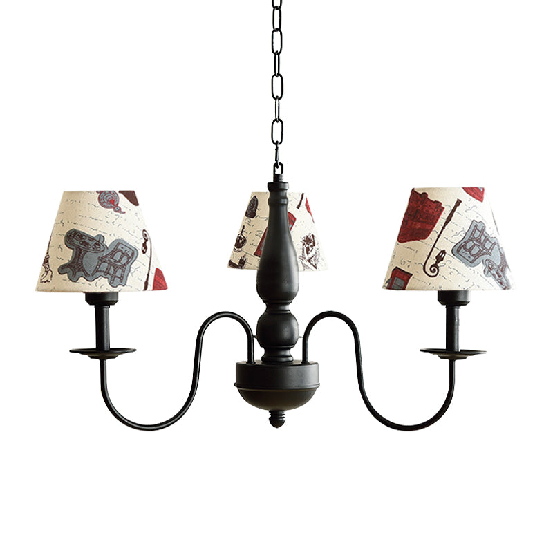 Tapered Shade Chandelier Light Fabric and Metal 3 Lights Kids Hanging Lamp in Black for Living Room - G Clearhalo 'Ceiling Lights' 'Chandeliers' Lighting' options 205109