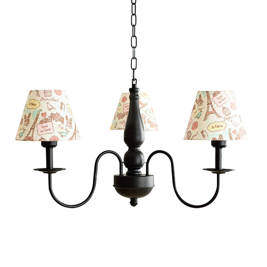Tapered Shade Chandelier Light Fabric and Metal 3 Lights Kids Hanging Lamp in Black for Living Room - G Clearhalo 'Ceiling Lights' 'Chandeliers' Lighting' options 205111