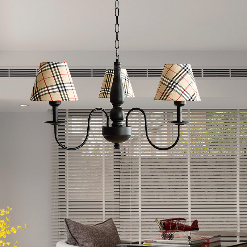 Tapered Shade Chandelier Light Fabric and Metal 3 Lights Kids Hanging Lamp in Black for Living Room - G Black Checkered Clearhalo 'Ceiling Lights' 'Chandeliers' Lighting' options 205112_cb82404a-558f-473b-825e-6e4c7e26c4b3