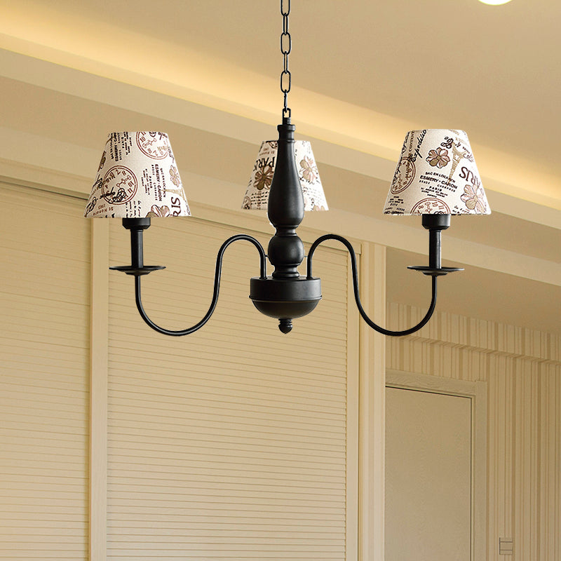 Tapered Shade Chandelier Light Fabric and Metal 3 Lights Kids Hanging Lamp in Black for Living Room - G Black Floral Pattern Clearhalo 'Ceiling Lights' 'Chandeliers' Lighting' options 205114_9a8397d4-164d-4328-beed-2353974656be