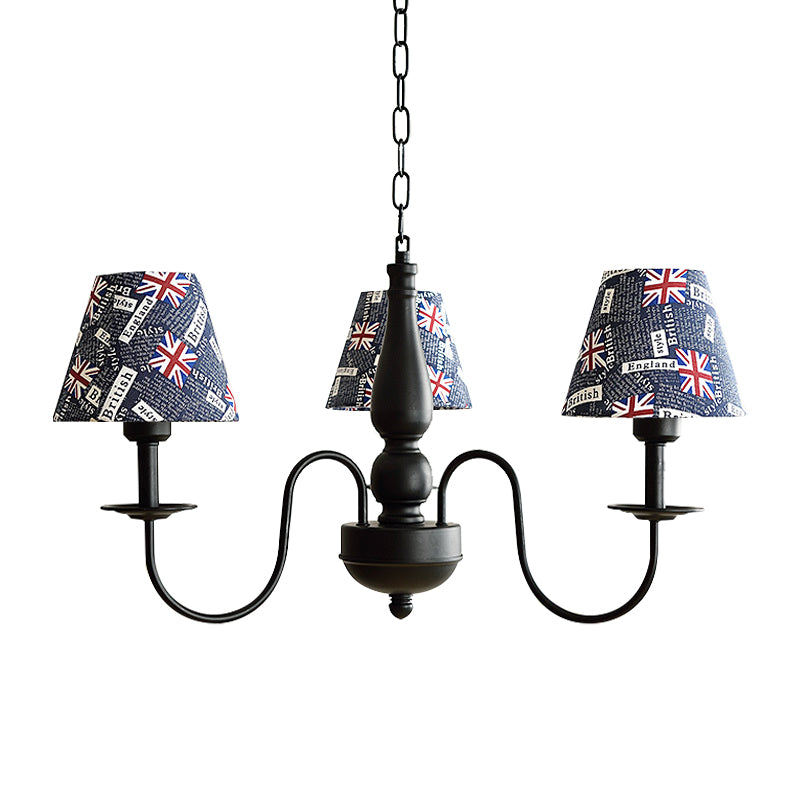 Tapered Shade Chandelier Light Fabric and Metal 3 Lights Kids Hanging Lamp in Black for Living Room - G Clearhalo 'Ceiling Lights' 'Chandeliers' Lighting' options 205117