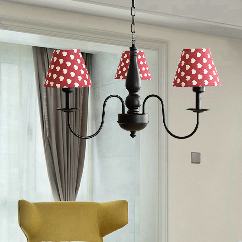 Tapered Shade Chandelier Light Fabric and Metal 3 Lights Kids Hanging Lamp in Black for Living Room - G Black Heart Clearhalo 'Ceiling Lights' 'Chandeliers' Lighting' options 205118_a1509137-d9e6-4510-8c26-9d3c01837ad7