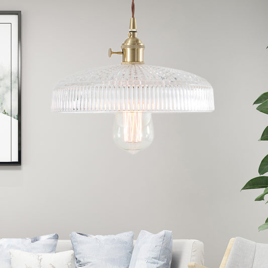 Clear Glass Brass Pendant Lamp Barn/Dome 1-Light Retro Hanging Light Fixture for Living Room Clearhalo 'Art Deco Pendants' 'Cast Iron' 'Ceiling Lights' 'Ceramic' 'Crystal' 'Industrial Pendants' 'Industrial' 'Metal' 'Middle Century Pendants' 'Pendant Lights' 'Pendants' 'Tiffany' Lighting' 205130