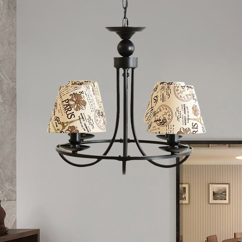 Fabric Tapered Shade Chandelier Kids Bedroom 4-Light Modern Ceiling Pendant in Black Beige Flower Clearhalo 'Ceiling Lights' 'Chandeliers' Lighting' options 205148_7907f47d-aa3f-41de-93c1-60b79f9bb776