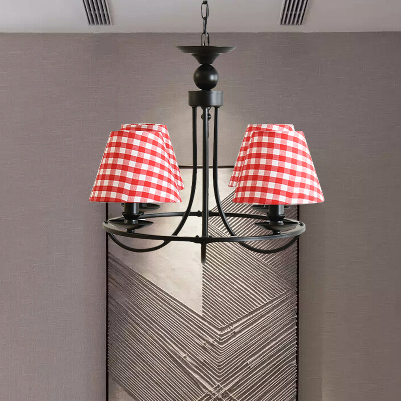 Fabric Tapered Shade Chandelier Kids Bedroom 4-Light Modern Ceiling Pendant in Black Red Checkered Clearhalo 'Ceiling Lights' 'Chandeliers' Lighting' options 205152_d3af7556-0d33-45b2-b53d-cd822dae3af3