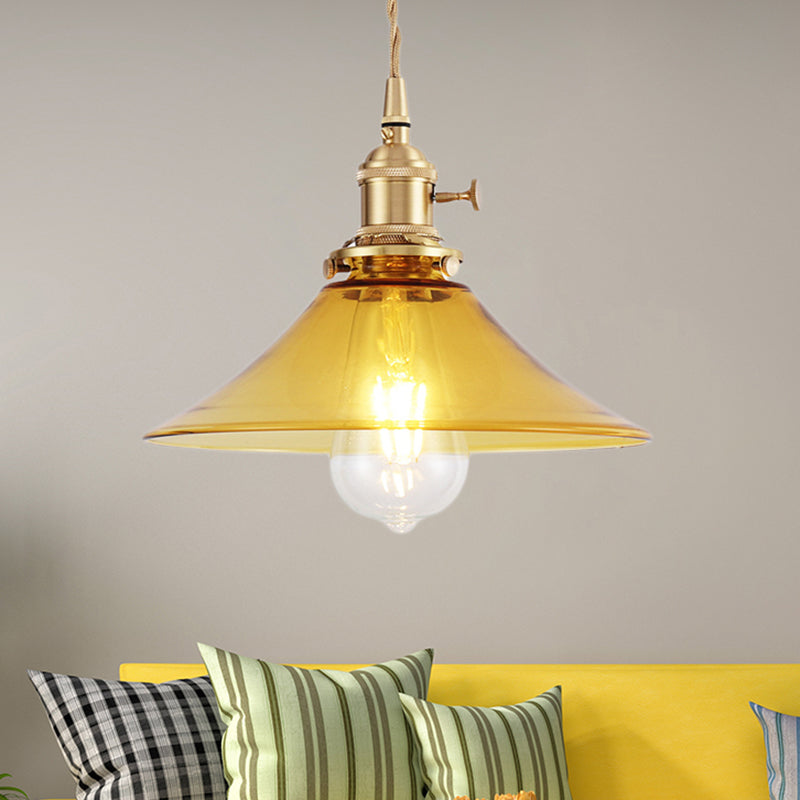 Brass Conical Pendant Ceiling Light Farmhouse Amber Glass 1 Light Living Room Hanging Lamp Clearhalo 'Art Deco Pendants' 'Cast Iron' 'Ceiling Lights' 'Ceramic' 'Crystal' 'Industrial Pendants' 'Industrial' 'Metal' 'Middle Century Pendants' 'Pendant Lights' 'Pendants' 'Tiffany' Lighting' 205183