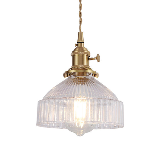 Bowl Living Room Hanging Light Kit Industrial Clear Ribbed Glass 1 Light Brass Pendant Lighting Clearhalo 'Ceiling Lights' 'Glass shade' 'Glass' 'Industrial Pendants' 'Industrial' 'Middle Century Pendants' 'Pendant Lights' 'Pendants' 'Tiffany' Lighting' 205222