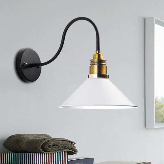 1 Light Pendant Lighting Industrial Metal Cone Bronze/Black/White Hanging Lamp for Indoor with Curved Arm White Clearhalo 'Art deco wall lights' 'Cast Iron' 'Glass' 'Industrial wall lights' 'Industrial' 'Middle century wall lights' 'Modern' 'Rustic wall lights' 'Tiffany' 'Traditional wall lights' 'Wall Lamps & Sconces' 'Wall Lights' Lighting' 205253