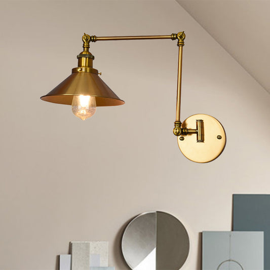 One Bulb Wall Light with Cone Shade Metal Industrial Indoor Sconce Lighting Fixture in Brass Brass Clearhalo 'Art deco wall lights' 'Cast Iron' 'Glass' 'Industrial wall lights' 'Industrial' 'Middle century wall lights' 'Modern' 'Rustic wall lights' 'Tiffany' 'Traditional wall lights' 'Wall Lamps & Sconces' 'Wall Lights' Lighting' 205281