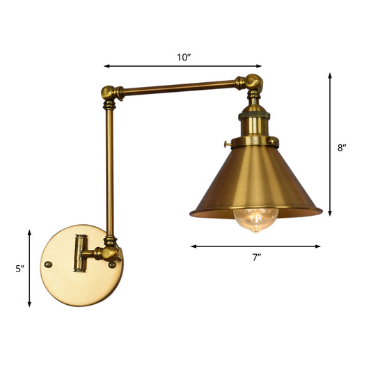 1 Light Metal Wall Lamp Industrial Brass Conical Indoor Sconce Light Fixture for Living Room Clearhalo 'Art deco wall lights' 'Cast Iron' 'Glass' 'Industrial wall lights' 'Industrial' 'Middle century wall lights' 'Modern' 'Rustic wall lights' 'Tiffany' 'Traditional wall lights' 'Wall Lamps & Sconces' 'Wall Lights' Lighting' 205297