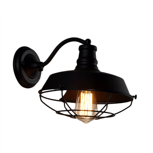 Barn Metal Sconce Lighting Industrial Single Bulb Indoor Wall Mounted Lamp in Black/Rust with Cage Clearhalo 'Art deco wall lights' 'Cast Iron' 'Glass' 'Industrial wall lights' 'Industrial' 'Middle century wall lights' 'Modern' 'Rustic wall lights' 'Tiffany' 'Traditional wall lights' 'Wall Lamps & Sconces' 'Wall Lights' Lighting' 205317