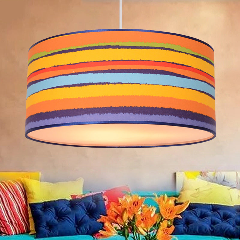 Fabric Drum Shape Hanging Light Modern Kids Suspension Light for Child Bedroom Beige Striped Clearhalo 'Ceiling Lights' 'Pendant Lights' 'Pendants' Lighting' 205337_666b4005-e540-4d5d-b80c-bae5db1e83d5