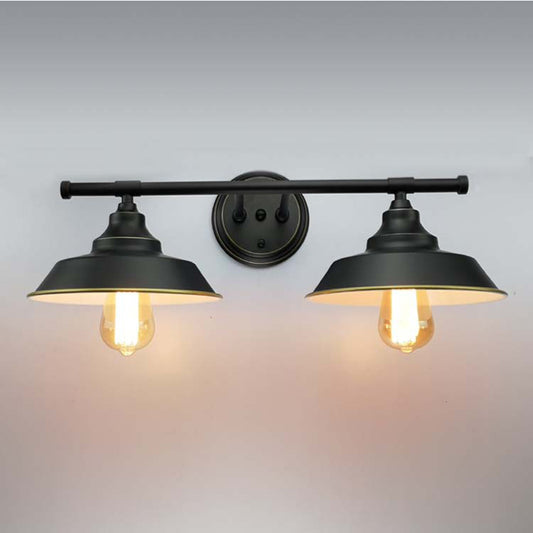 2 Lights Metal Wall Lamp Industrial Black Barn Living Room Sconce Light Fixture with Round Backplate Black Clearhalo 'Art deco wall lights' 'Cast Iron' 'Glass' 'Industrial wall lights' 'Industrial' 'Middle century wall lights' 'Modern' 'Rustic wall lights' 'Tiffany' 'Traditional wall lights' 'Wall Lamps & Sconces' 'Wall Lights' Lighting' 205347