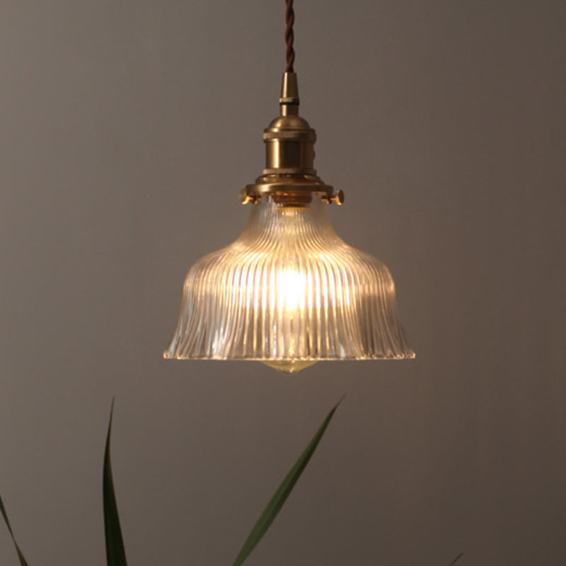 Brass 1 Light Pendant Lighting Industrial Clear Textured Glass Barn Hanging Lamp for Indoor, 6"/8" Brass 6" Clearhalo 'Ceiling Lights' 'Chandeliers' 'Glass shade' 'Glass' 'Industrial Pendants' 'Industrial' 'Middle Century Pendants' 'Pendant Lights' 'Pendants' 'Tiffany' Lighting' 205379