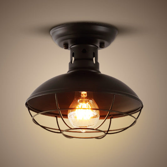 Single Bulb Semi Flush Mount Industrial Domed Metal Ceiling Light in Black with Cage Black Clearhalo 'Ceiling Lights' 'Close To Ceiling Lights' 'Close to ceiling' 'Semi-flushmount' Lighting' 205415