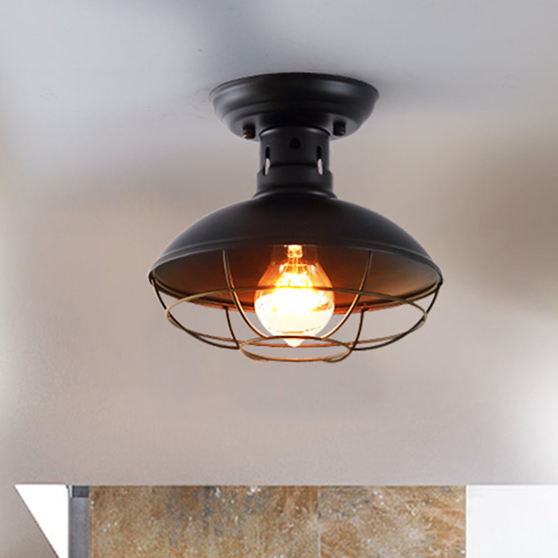 Single Bulb Semi Flush Mount Industrial Domed Metal Ceiling Light in Black with Cage Clearhalo 'Ceiling Lights' 'Close To Ceiling Lights' 'Close to ceiling' 'Semi-flushmount' Lighting' 205416