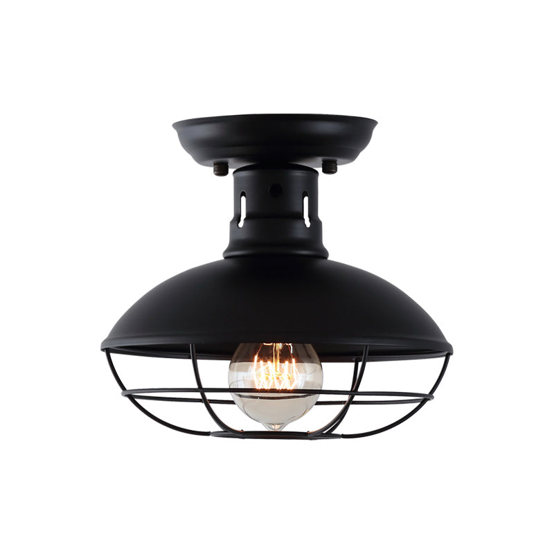 Single Bulb Semi Flush Mount Industrial Domed Metal Ceiling Light in Black with Cage Clearhalo 'Ceiling Lights' 'Close To Ceiling Lights' 'Close to ceiling' 'Semi-flushmount' Lighting' 205417