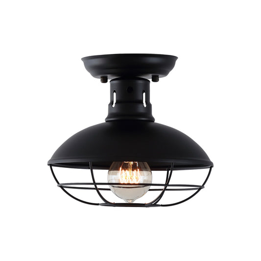 Single Bulb Semi Flush Mount Industrial Domed Metal Ceiling Light in Black with Cage Clearhalo 'Ceiling Lights' 'Close To Ceiling Lights' 'Close to ceiling' 'Semi-flushmount' Lighting' 205417