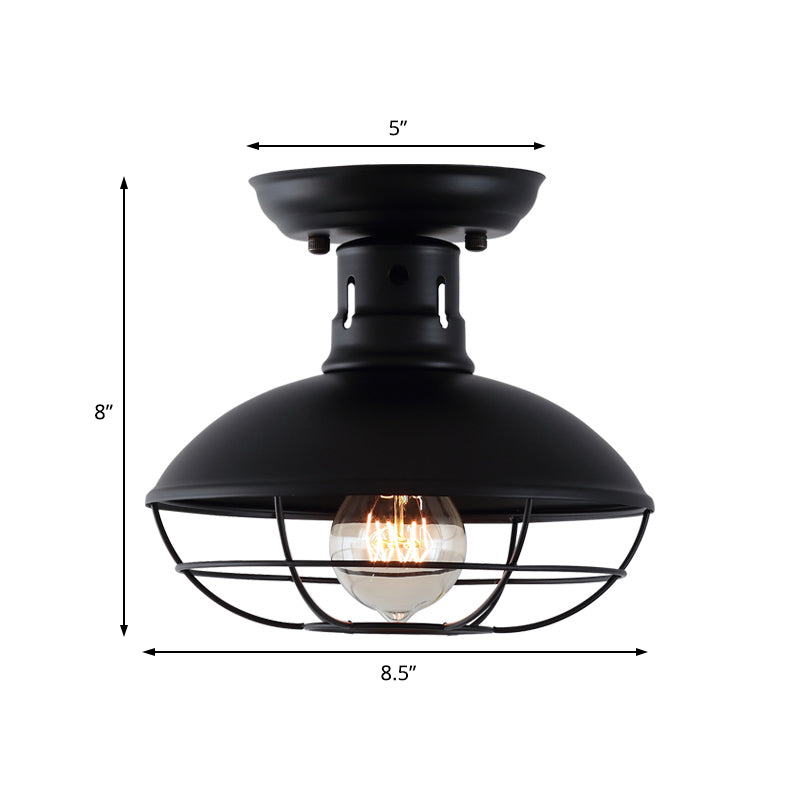 Single Bulb Semi Flush Mount Industrial Domed Metal Ceiling Light in Black with Cage Clearhalo 'Ceiling Lights' 'Close To Ceiling Lights' 'Close to ceiling' 'Semi-flushmount' Lighting' 205418