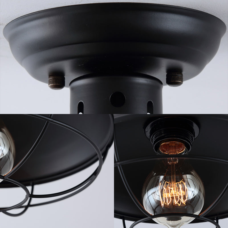 Single Bulb Semi Flush Mount Industrial Domed Metal Ceiling Light in Black with Cage Clearhalo 'Ceiling Lights' 'Close To Ceiling Lights' 'Close to ceiling' 'Semi-flushmount' Lighting' 205419