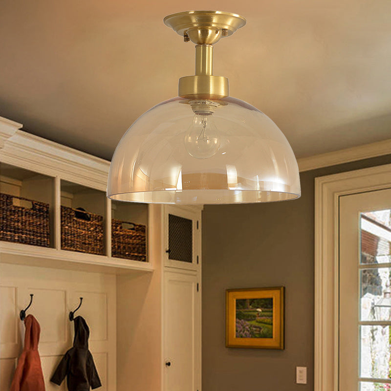 1 Light Ceiling Light Fixture with Dome Shade Amber Glass Industrial Living Room Semi Flush in Brass Clearhalo 'Ceiling Lights' 'Close To Ceiling Lights' 'Close to ceiling' 'Semi-flushmount' Lighting' 205421