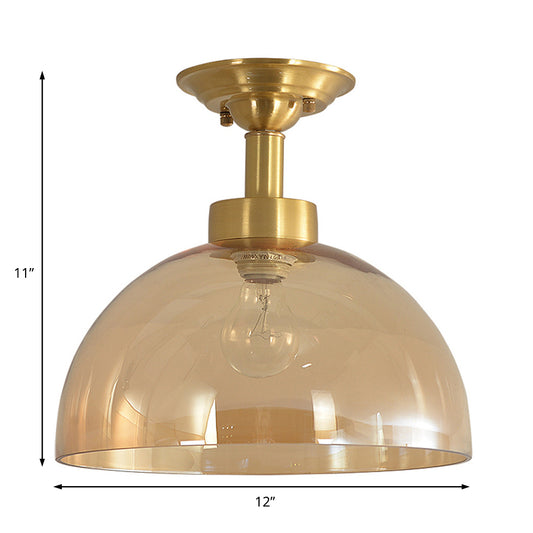 1 Light Ceiling Light Fixture with Dome Shade Amber Glass Industrial Living Room Semi Flush in Brass Clearhalo 'Ceiling Lights' 'Close To Ceiling Lights' 'Close to ceiling' 'Semi-flushmount' Lighting' 205423