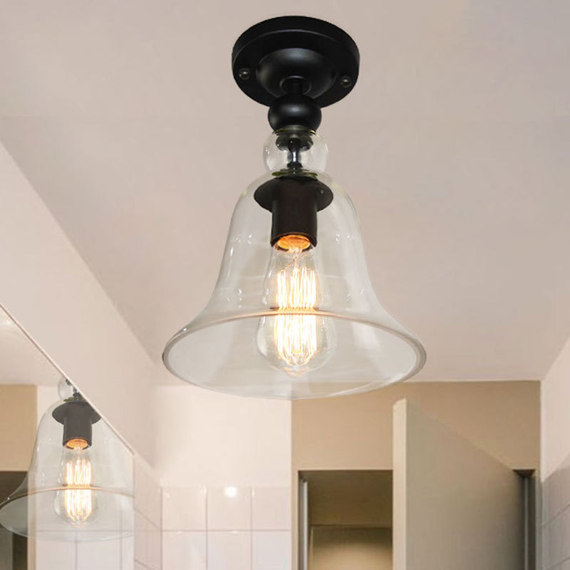 Bell Shade Living Room Semi Flush Industrial Clear Glass One Light Black Ceiling Lighting Clearhalo 'Ceiling Lights' 'Close To Ceiling Lights' 'Close to ceiling' 'Semi-flushmount' Lighting' 205444