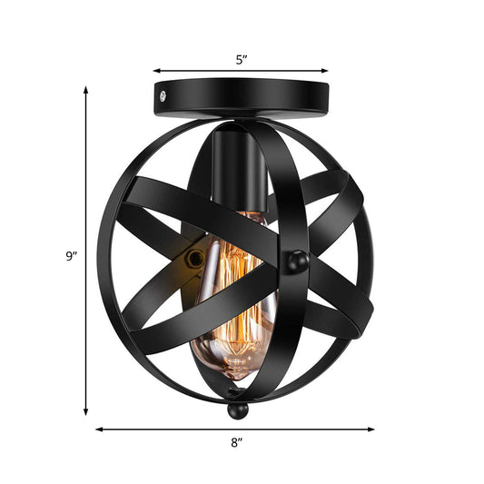 Single Bulb Semi Flush Mount Industrial Strap Globe Metal Ceiling Light in Black Clearhalo 'Ceiling Lights' 'Close To Ceiling Lights' 'Close to ceiling' 'Flush mount' 'Industrial Flush Mount' Lighting' 205455