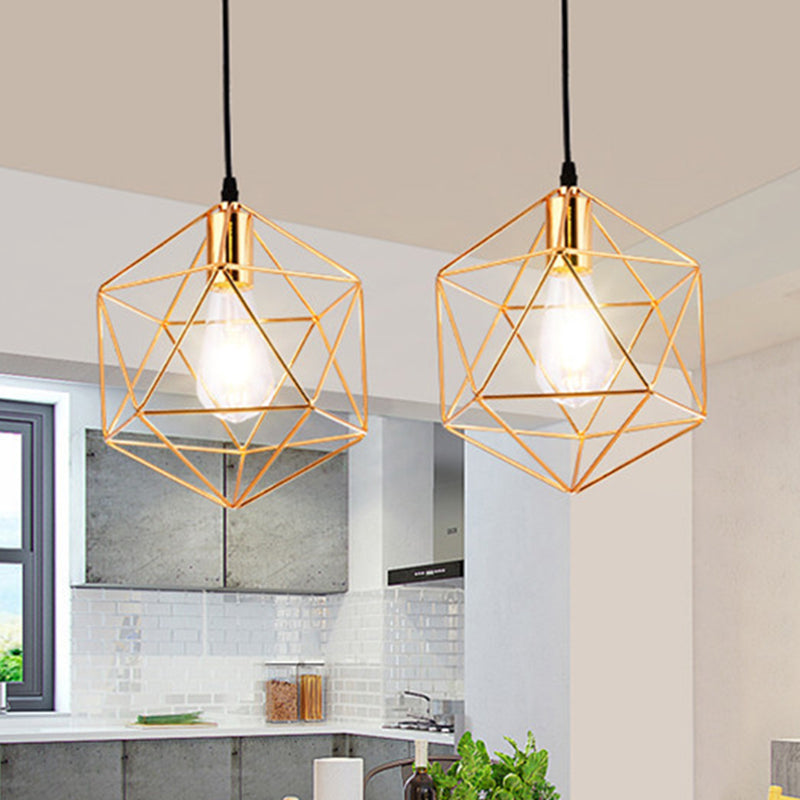 Gold One Light Ceiling Mount Industrial Metal Diamond Cage Semi Flush Light for Corridor Gold Clearhalo 'Ceiling Lights' 'Close To Ceiling Lights' 'Close to ceiling' 'Flush mount' Lighting' 205468