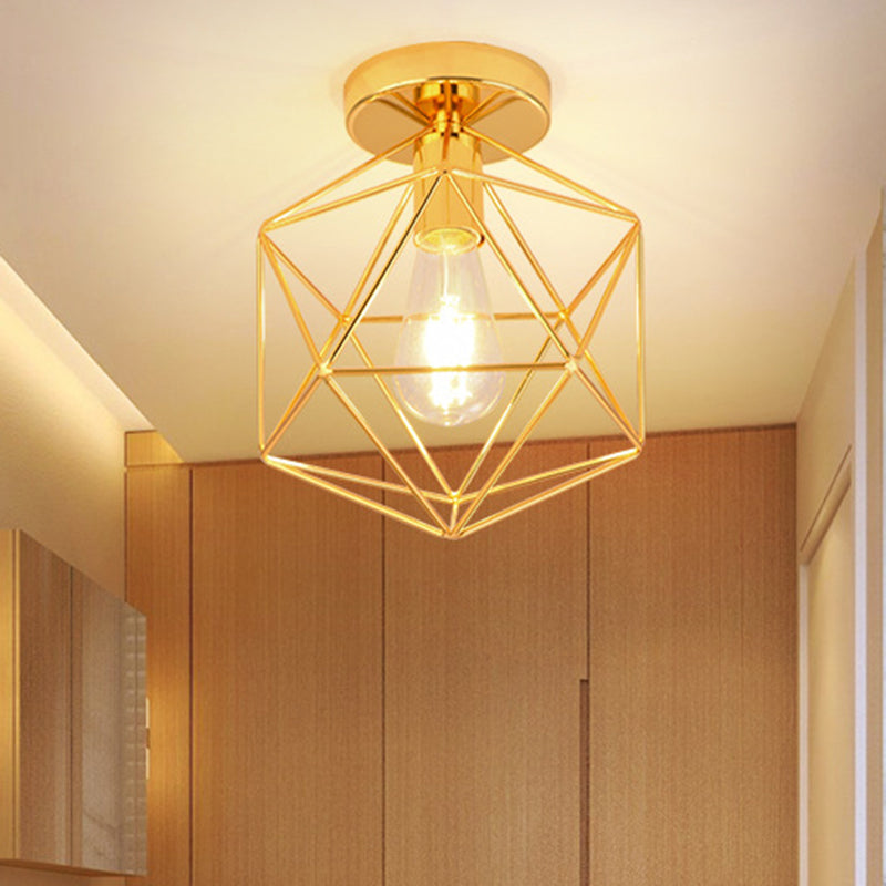 Gold One Light Ceiling Mount Industrial Metal Diamond Cage Semi Flush Light for Corridor Clearhalo 'Ceiling Lights' 'Close To Ceiling Lights' 'Close to ceiling' 'Flush mount' Lighting' 205469