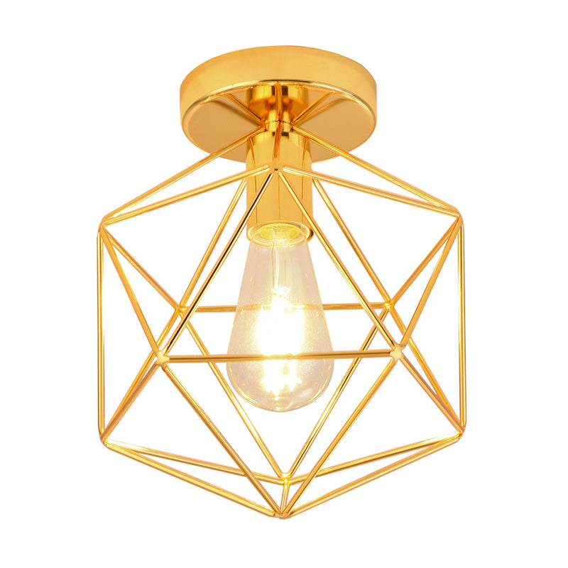 Gold One Light Ceiling Mount Industrial Metal Diamond Cage Semi Flush Light for Corridor Clearhalo 'Ceiling Lights' 'Close To Ceiling Lights' 'Close to ceiling' 'Flush mount' Lighting' 205470