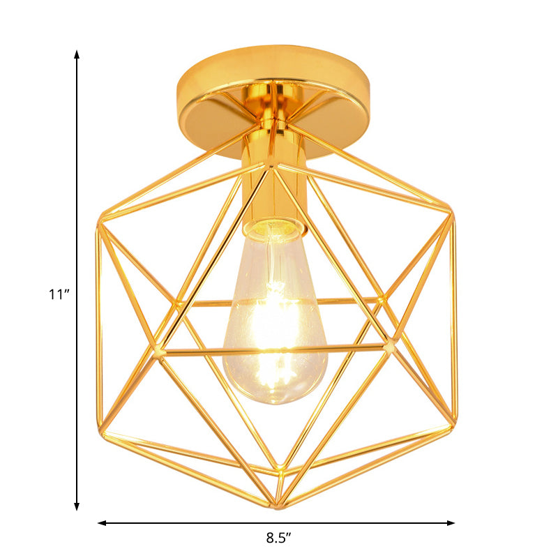 Gold One Light Ceiling Mount Industrial Metal Diamond Cage Semi Flush Light for Corridor Clearhalo 'Ceiling Lights' 'Close To Ceiling Lights' 'Close to ceiling' 'Flush mount' Lighting' 205471