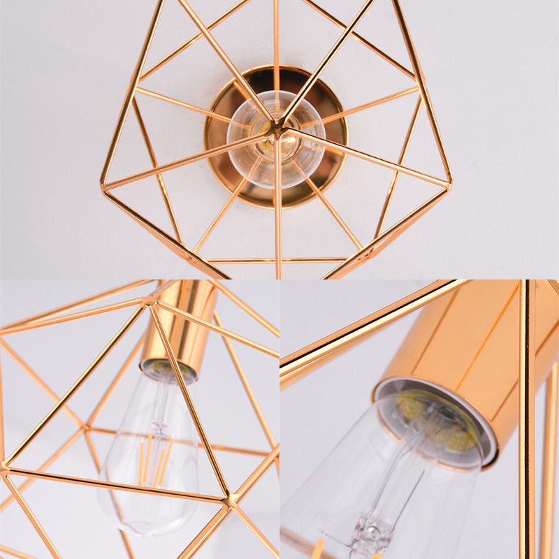 Gold One Light Ceiling Mount Industrial Metal Diamond Cage Semi Flush Light for Corridor Clearhalo 'Ceiling Lights' 'Close To Ceiling Lights' 'Close to ceiling' 'Flush mount' Lighting' 205472