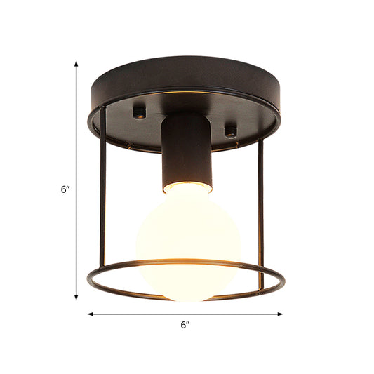 Cylinder Corridor Flushmount Light Industrial Metal One Light Black/White Ceiling Lighting with Cage Clearhalo 'Ceiling Lights' 'Close To Ceiling Lights' 'Close to ceiling' 'Semi-flushmount' Lighting' 205499